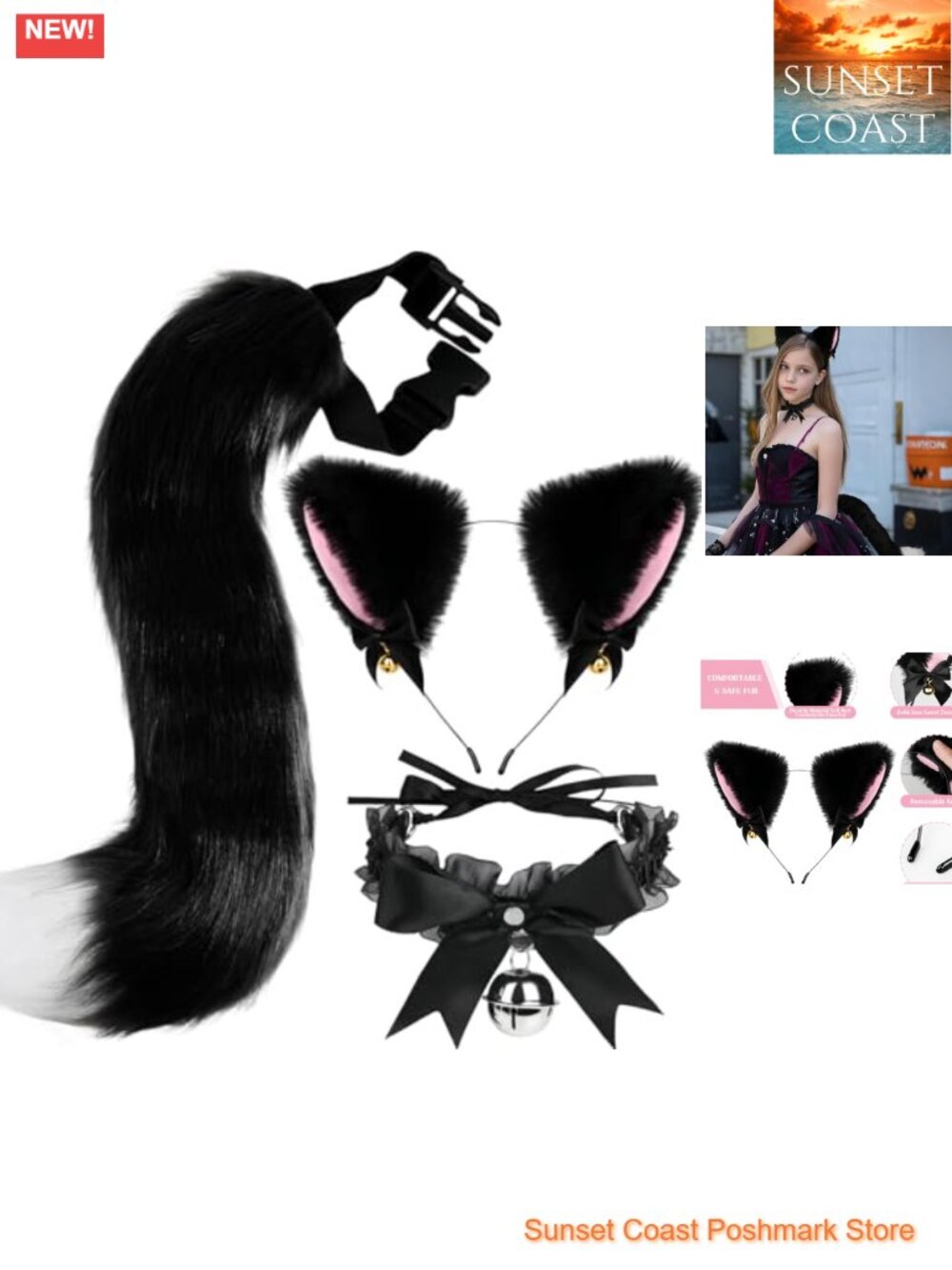 Cat Ears Headband Wolf Fox Long Tail Bell Lace Choker Set Halloween Cosplay